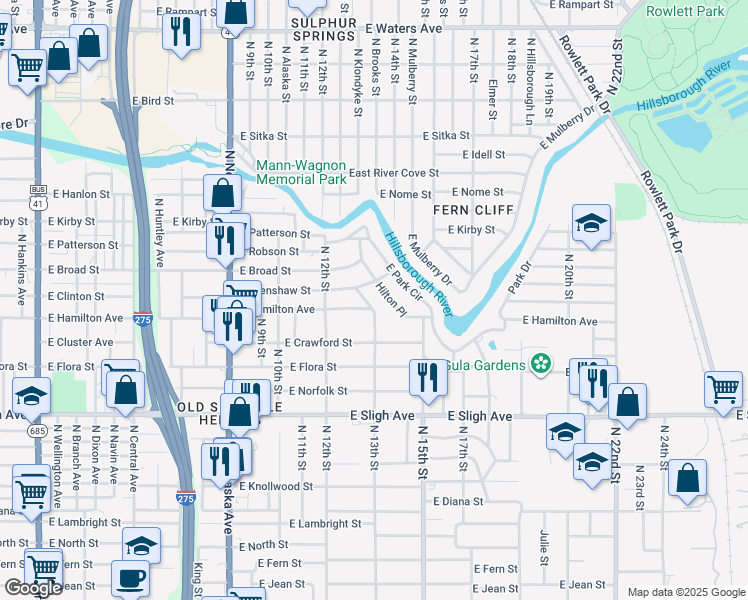 map of restaurants, bars, coffee shops, grocery stores, and more near 1406 Hilton Place in Tampa