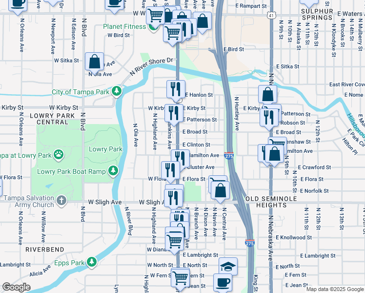 map of restaurants, bars, coffee shops, grocery stores, and more near 7414 North Florida Avenue in Tampa