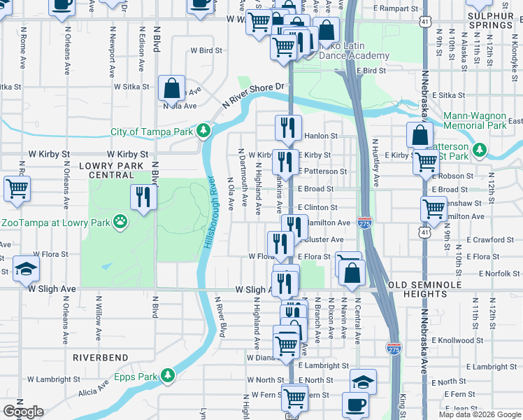map of restaurants, bars, coffee shops, grocery stores, and more near 211 West Clinton Street in Tampa