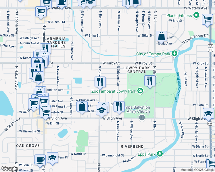 map of restaurants, bars, coffee shops, grocery stores, and more near 1517 West Clinton Street in Tampa