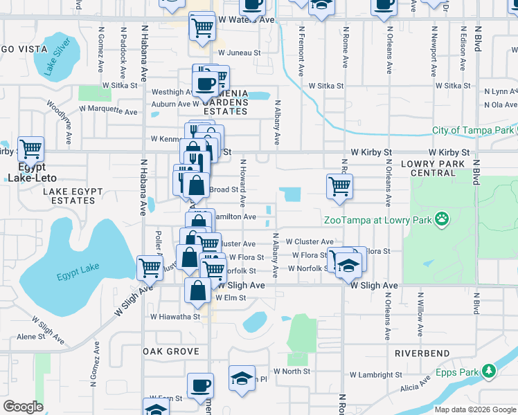 map of restaurants, bars, coffee shops, grocery stores, and more near 7401 North Howard Avenue in Tampa