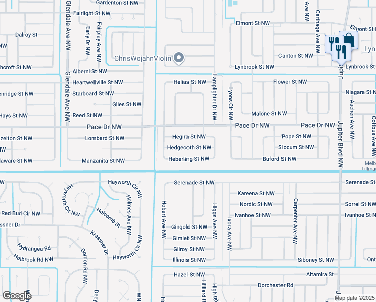 map of restaurants, bars, coffee shops, grocery stores, and more near 1306 Hedgecoth Street Northwest in Palm Bay