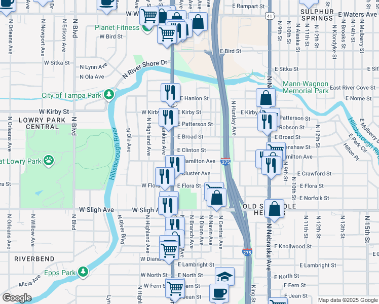 map of restaurants, bars, coffee shops, grocery stores, and more near 117 East Clinton Street in Tampa