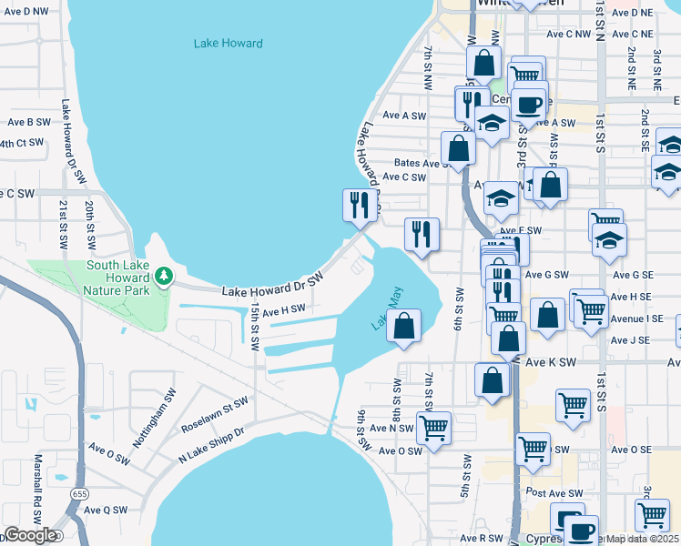 map of restaurants, bars, coffee shops, grocery stores, and more near 1300 Lake Howard Drive Southwest in Winter Haven
