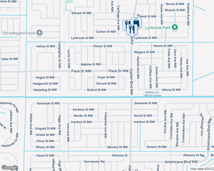 map of restaurants, bars, coffee shops, grocery stores, and more near 993 Slocum Street Northwest in Palm Bay