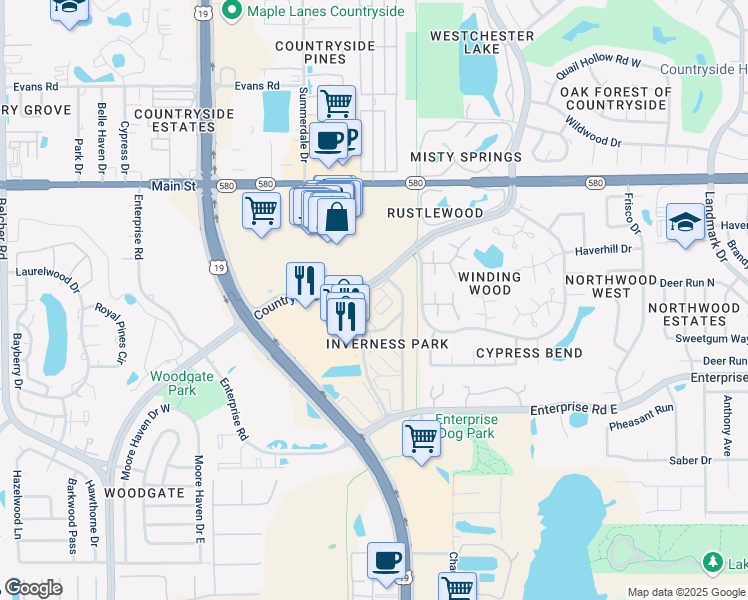map of restaurants, bars, coffee shops, grocery stores, and more near 2581 Countryside Boulevard in Clearwater