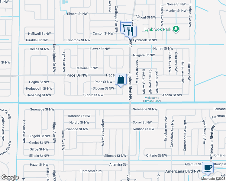 map of restaurants, bars, coffee shops, grocery stores, and more near 741 Brookson Avenue Northwest in Palm Bay