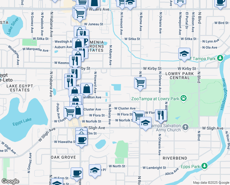 map of restaurants, bars, coffee shops, grocery stores, and more near 1909 West Clinton Street in Tampa
