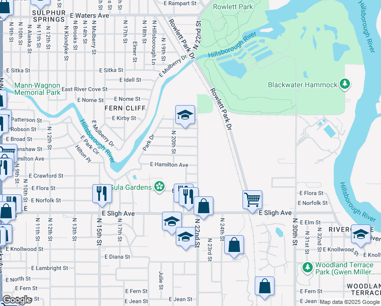 map of restaurants, bars, coffee shops, grocery stores, and more near 2014 East Crenshaw Street in Tampa