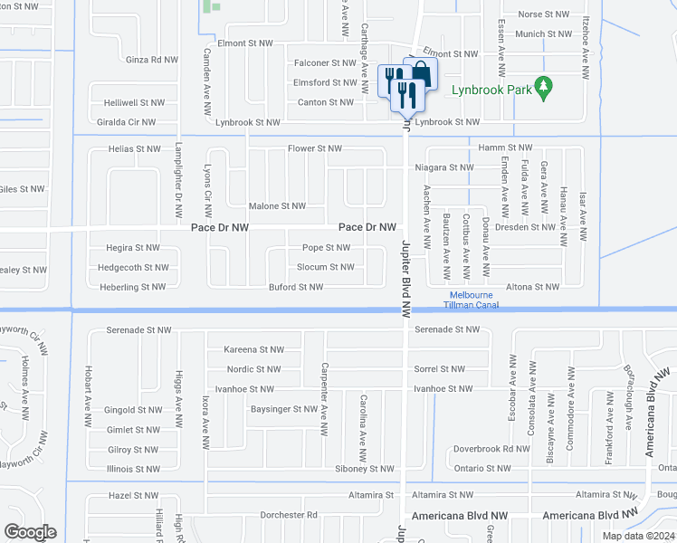 map of restaurants, bars, coffee shops, grocery stores, and more near 965 Slocum Street Northwest in Palm Bay