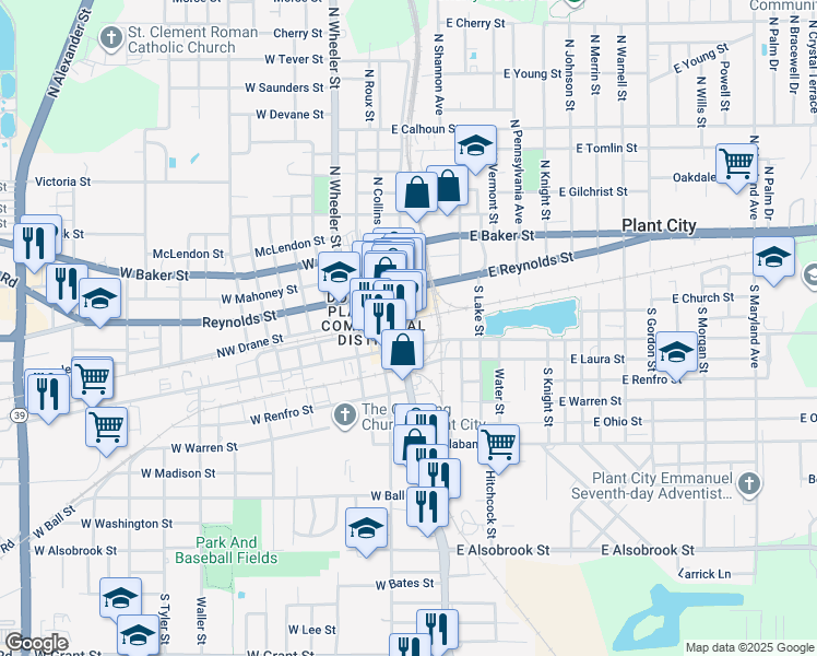 map of restaurants, bars, coffee shops, grocery stores, and more near 102 North Palmer Street in Plant City