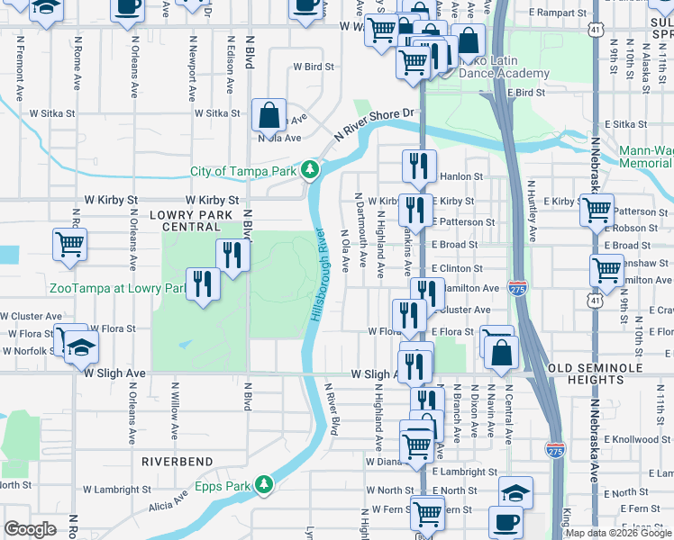 map of restaurants, bars, coffee shops, grocery stores, and more near 7312 North Ola Avenue in Tampa