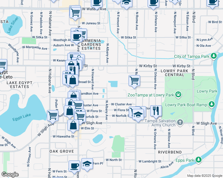 map of restaurants, bars, coffee shops, grocery stores, and more near 1909 West Clinton Street in Tampa