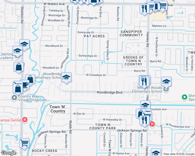 map of restaurants, bars, coffee shops, grocery stores, and more near 8000-8098 West Crenshaw Street in Town 'n' Country