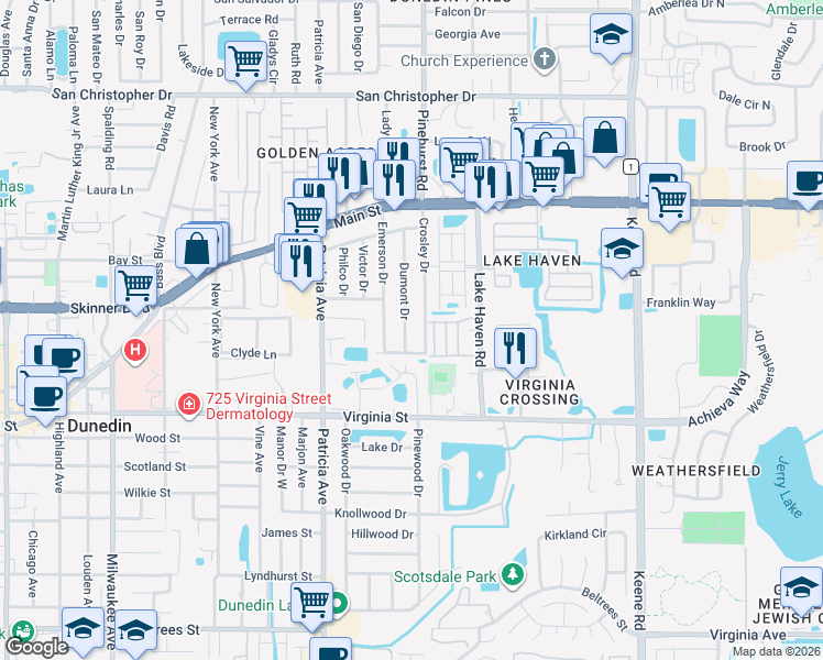 map of restaurants, bars, coffee shops, grocery stores, and more near 1090 Loch Haven Drive North in Dunedin