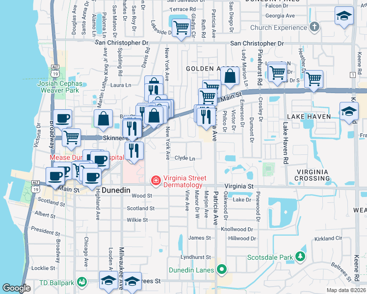 map of restaurants, bars, coffee shops, grocery stores, and more near 400 Glennes Lane in Dunedin