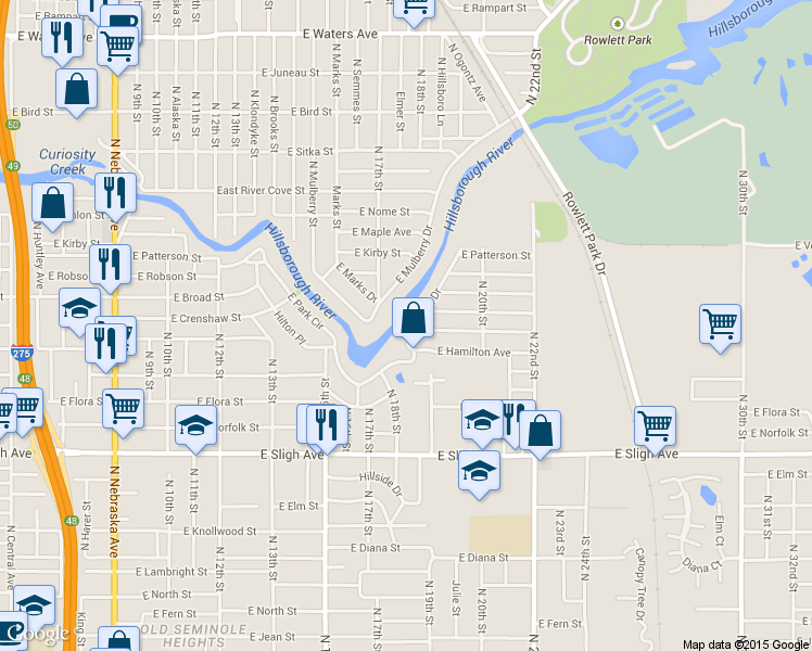 map of restaurants, bars, coffee shops, grocery stores, and more near 7308 Park Drive in Tampa