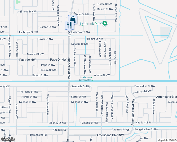 map of restaurants, bars, coffee shops, grocery stores, and more near 781 Bremerhaven Street Northwest in Palm Bay