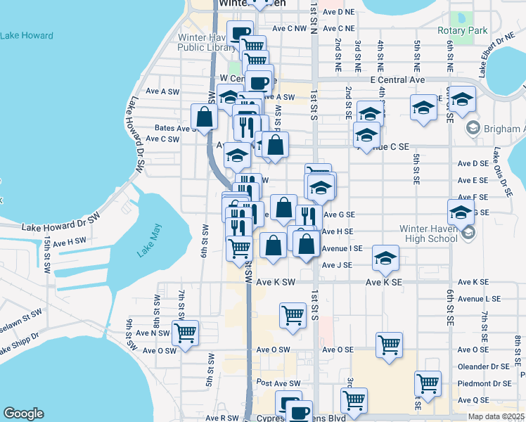 map of restaurants, bars, coffee shops, grocery stores, and more near 600 3rd Street Southwest in Winter Haven