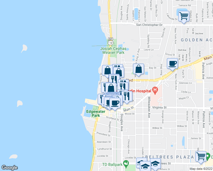 map of restaurants, bars, coffee shops, grocery stores, and more near 748 Broadway in Dunedin