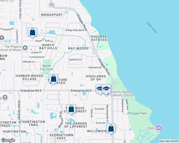 map of restaurants, bars, coffee shops, grocery stores, and more near 2559 Loberg Court in Safety Harbor