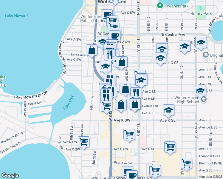 map of restaurants, bars, coffee shops, grocery stores, and more near 674 U.S. 17 in Winter Haven