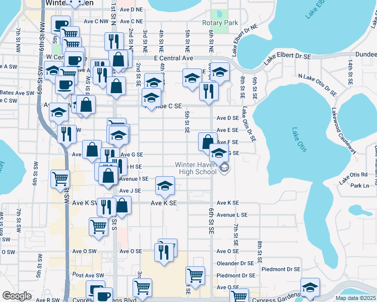map of restaurants, bars, coffee shops, grocery stores, and more near 516 Avenue F Southeast in Winter Haven