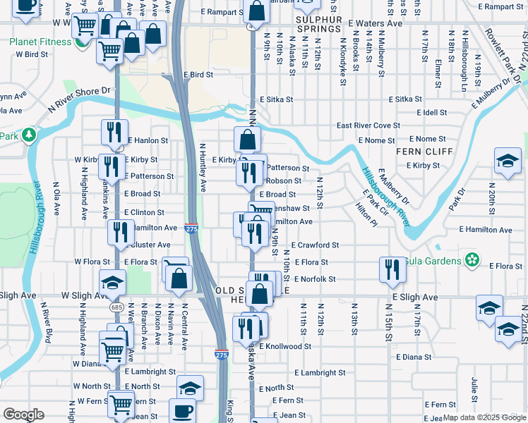 map of restaurants, bars, coffee shops, grocery stores, and more near 904 East Crenshaw Street in Tampa