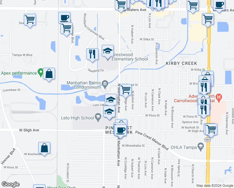 map of restaurants, bars, coffee shops, grocery stores, and more near 7209 North Manhattan Avenue in Tampa