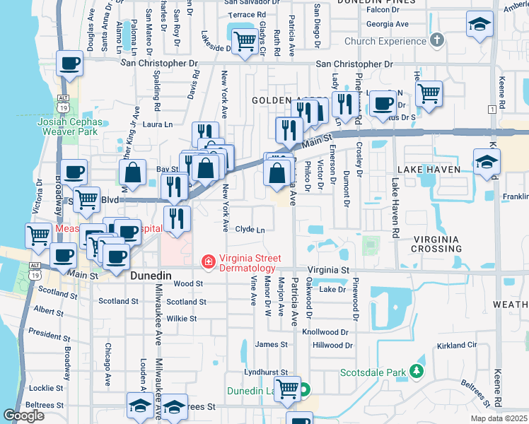 map of restaurants, bars, coffee shops, grocery stores, and more near 102 Glennes Lane in Dunedin