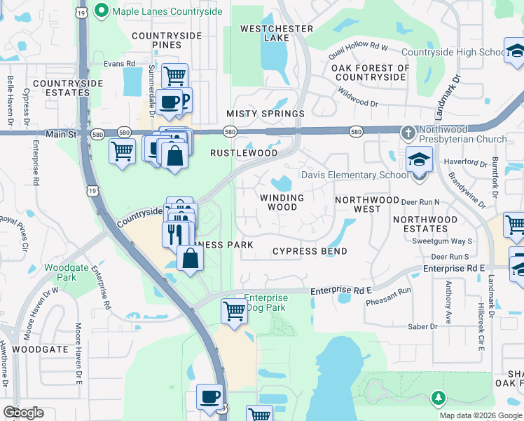 map of restaurants, bars, coffee shops, grocery stores, and more near 2640 Cedar View Court in Clearwater