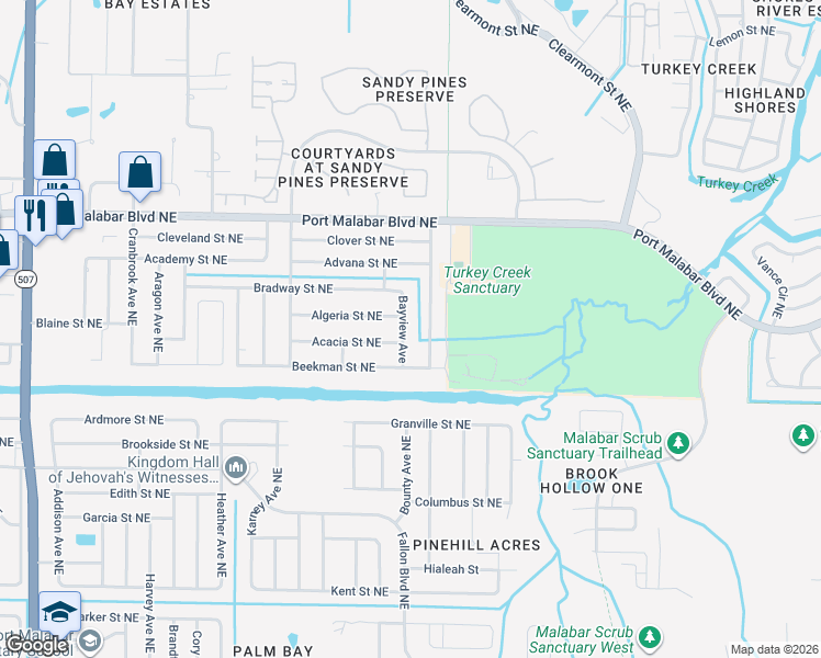 map of restaurants, bars, coffee shops, grocery stores, and more near 755 Bayview Avenue in Palm Bay