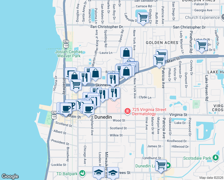 map of restaurants, bars, coffee shops, grocery stores, and more near 615 Skinner Boulevard in Dunedin