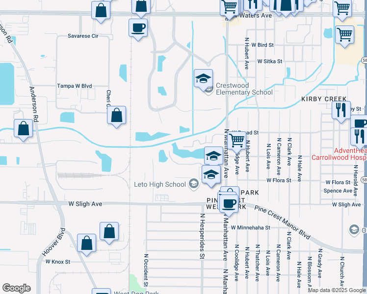 map of restaurants, bars, coffee shops, grocery stores, and more near 7298 Berkshire Manor Court in Tampa