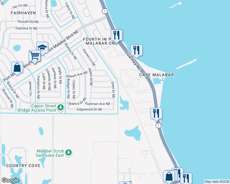 map of restaurants, bars, coffee shops, grocery stores, and more near 3278 Haddon Avenue Northeast in Palm Bay