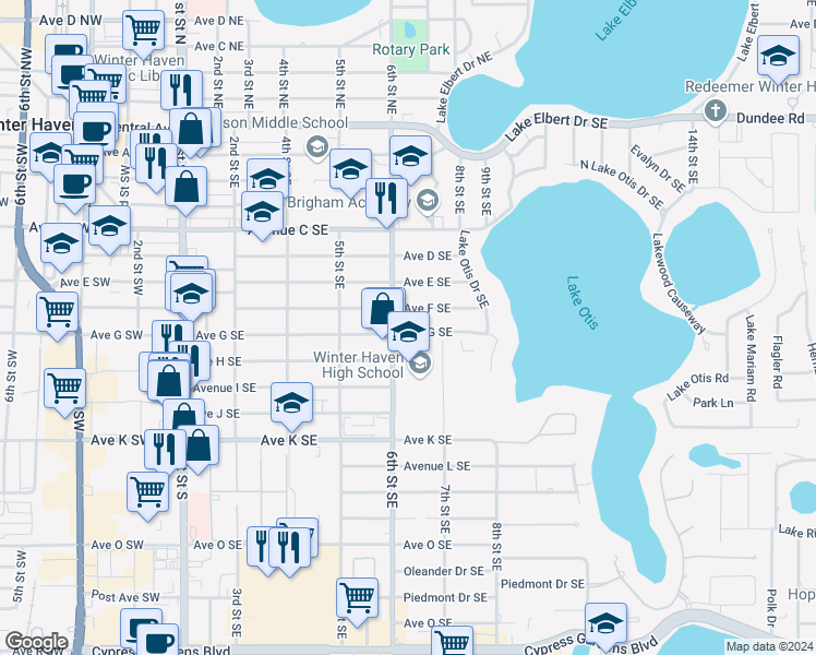 map of restaurants, bars, coffee shops, grocery stores, and more near 609 Avenue G Southeast in Winter Haven