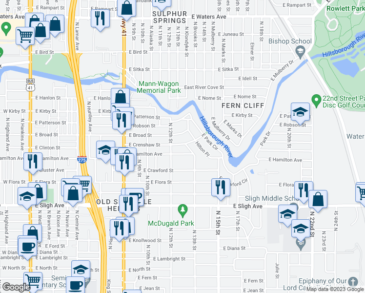 map of restaurants, bars, coffee shops, grocery stores, and more near 1211 East Crenshaw Street in Tampa