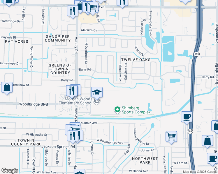 map of restaurants, bars, coffee shops, grocery stores, and more near 7413 Oakvista Circle in Tampa