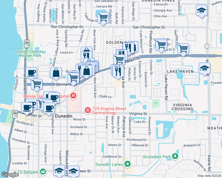 map of restaurants, bars, coffee shops, grocery stores, and more near 200 Glennes Lane in Dunedin
