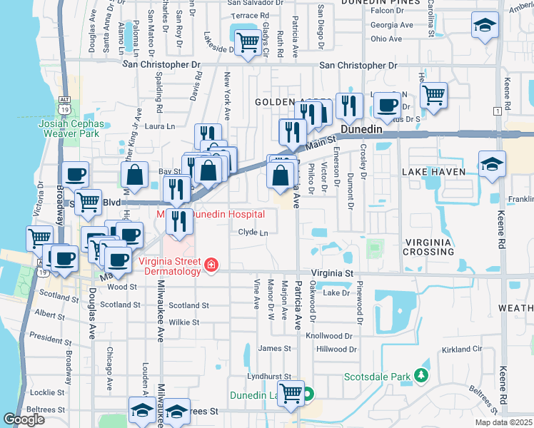 map of restaurants, bars, coffee shops, grocery stores, and more near 102 Glennes Lane in Dunedin