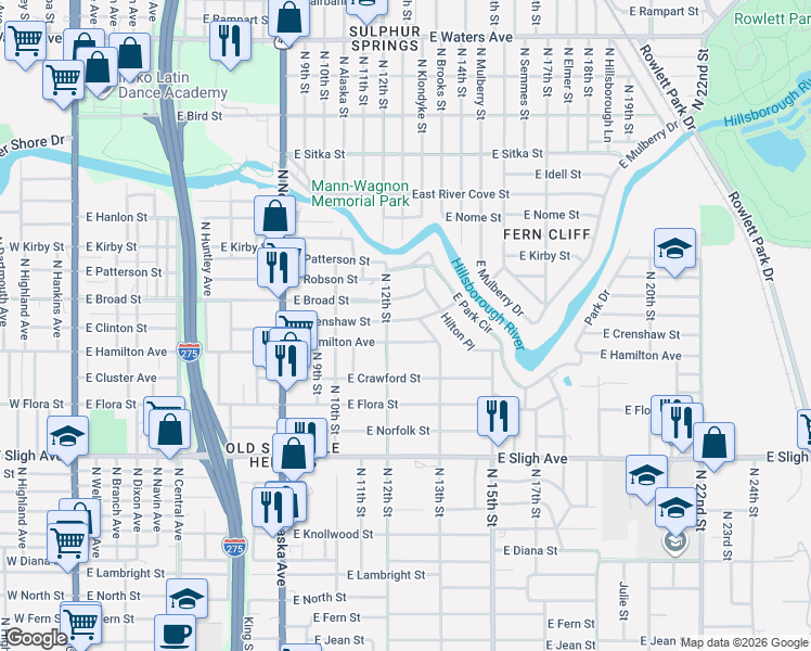 map of restaurants, bars, coffee shops, grocery stores, and more near 1209 East Crenshaw Street in Tampa