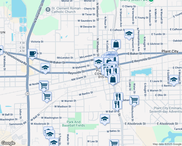 map of restaurants, bars, coffee shops, grocery stores, and more near 103 North Walker Street in Plant City