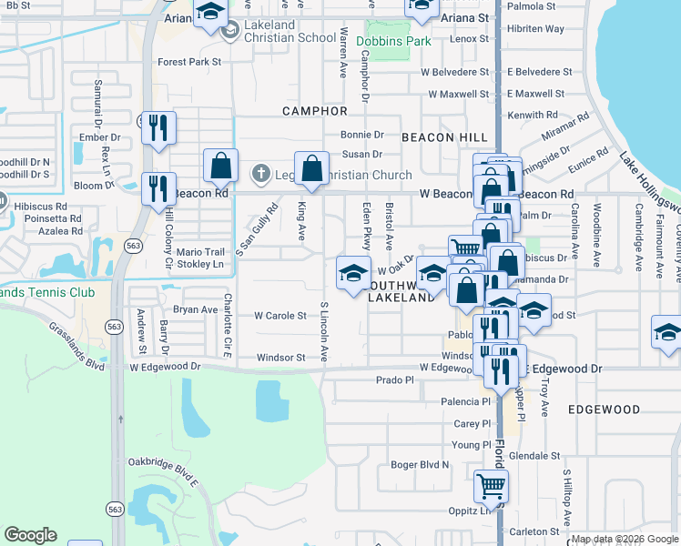 map of restaurants, bars, coffee shops, grocery stores, and more near 632 West Oak Drive in Lakeland