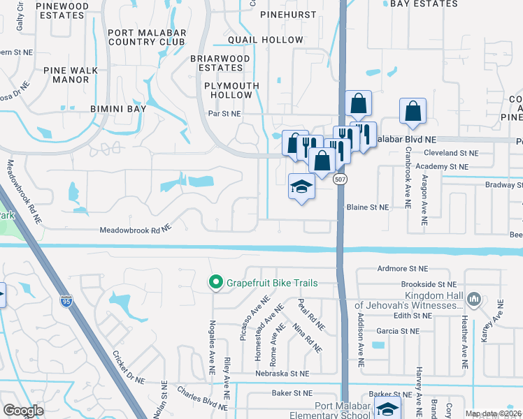 map of restaurants, bars, coffee shops, grocery stores, and more near 711 Pebble Beach Avenue Northeast in Palm Bay