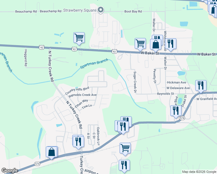 map of restaurants, bars, coffee shops, grocery stores, and more near 4353 Country Hills Boulevard in Plant City