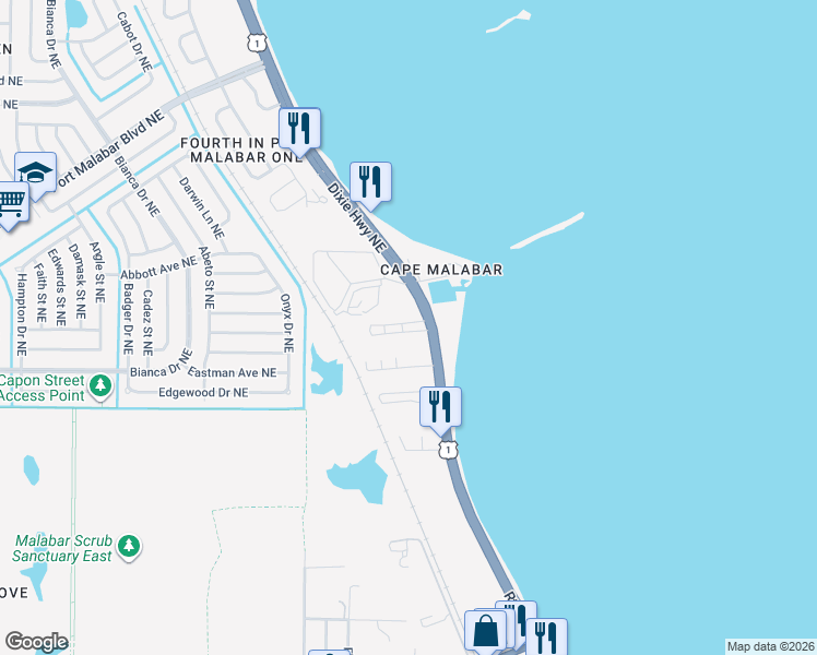 map of restaurants, bars, coffee shops, grocery stores, and more near 7 Overlook Drive in Palm Bay