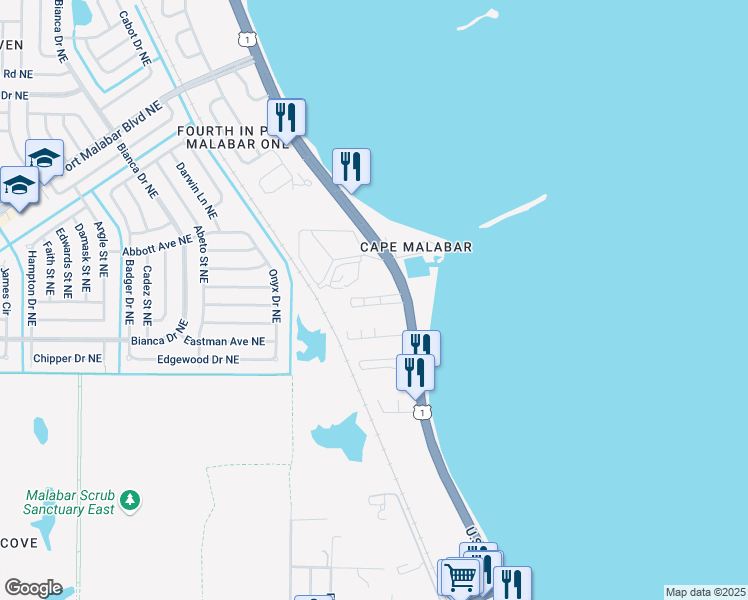 map of restaurants, bars, coffee shops, grocery stores, and more near 7 Overlook Drive in Palm Bay