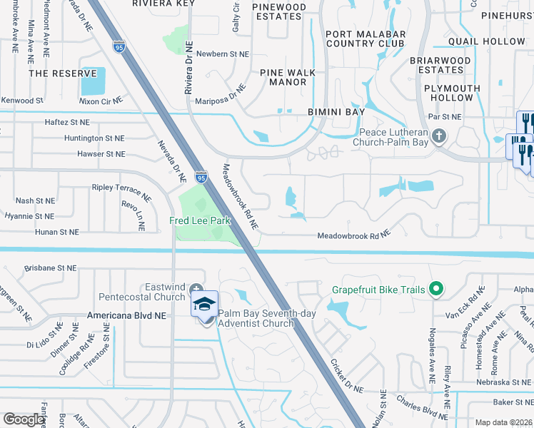 map of restaurants, bars, coffee shops, grocery stores, and more near 785 Seymour Road Northeast in Palm Bay