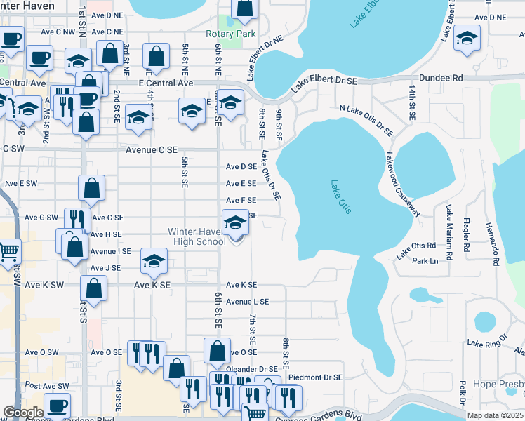 map of restaurants, bars, coffee shops, grocery stores, and more near 716 Avenue F Southeast in Winter Haven