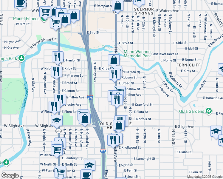 map of restaurants, bars, coffee shops, grocery stores, and more near in Tampa